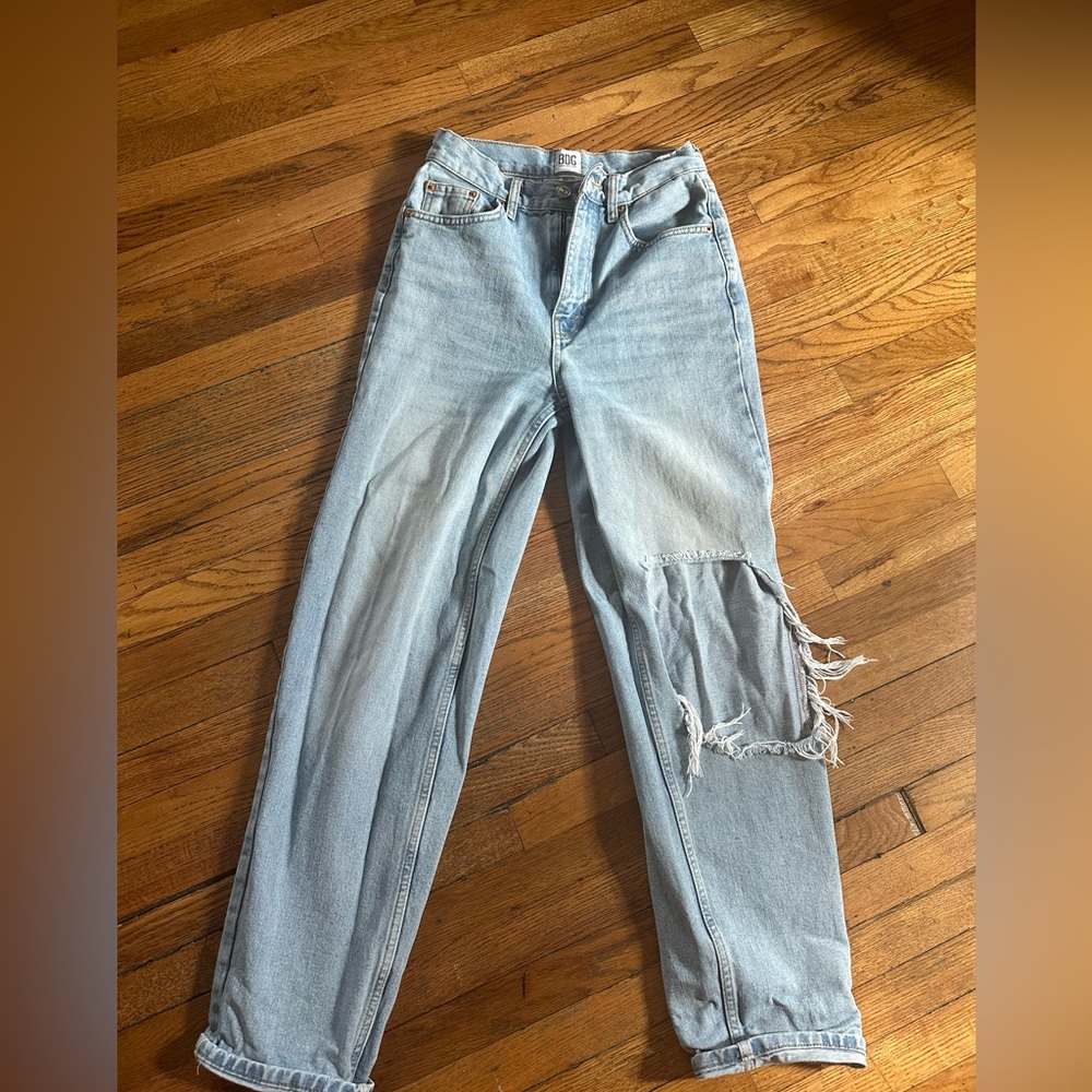 BDG high rise baggy jeans with hole in knee and in back
